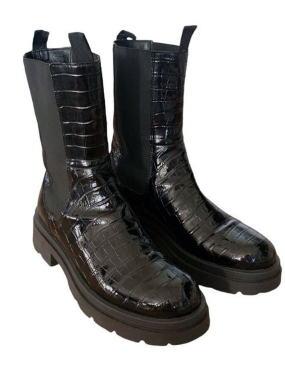 Topshop Patent Leather Croc Chunky Chelsea Boots